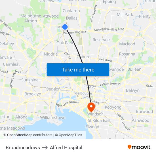 Broadmeadows to Alfred Hospital map