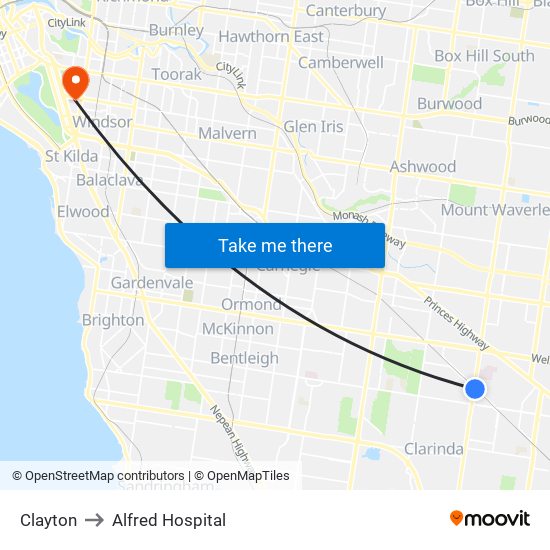Clayton to Alfred Hospital map