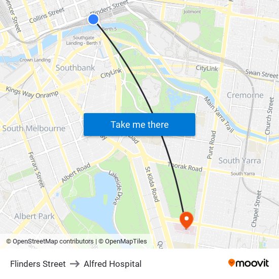 Flinders Street to Alfred Hospital map