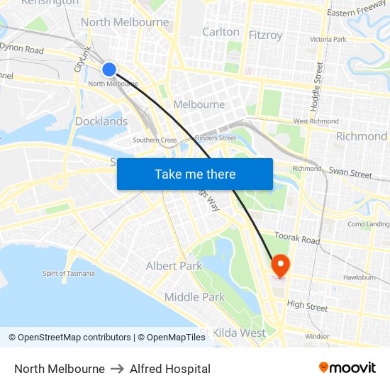 North Melbourne to Alfred Hospital map
