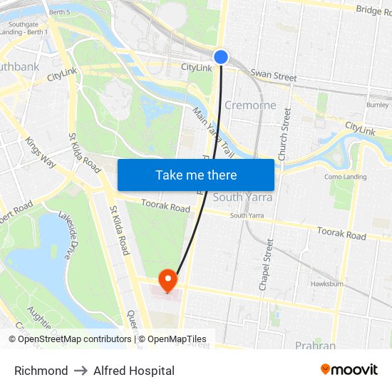 Richmond to Alfred Hospital map