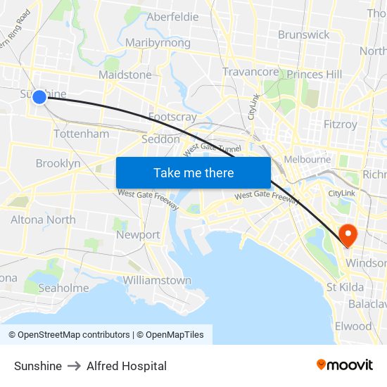 Sunshine to Alfred Hospital map