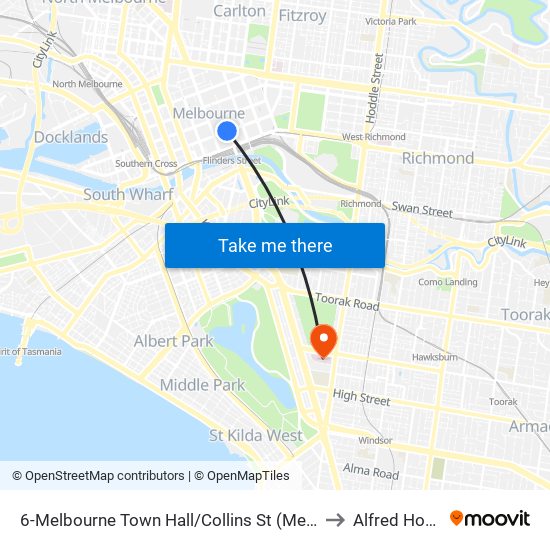 6-Melbourne Town Hall/Collins St (Melbourne City) to Alfred Hospital map