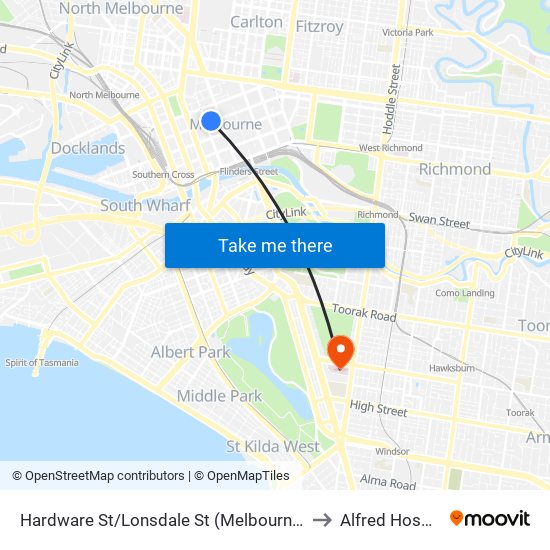 Hardware St/Lonsdale St (Melbourne City) to Alfred Hospital map