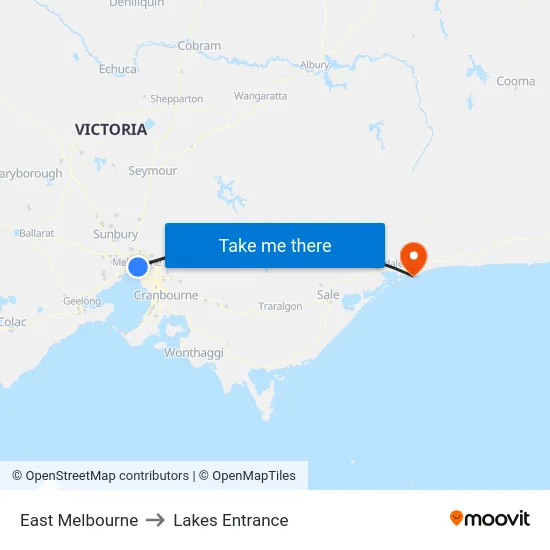 East Melbourne to Lakes Entrance map