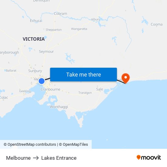 Melbourne to Lakes Entrance map