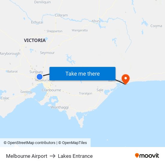 Melbourne Airport to Lakes Entrance map