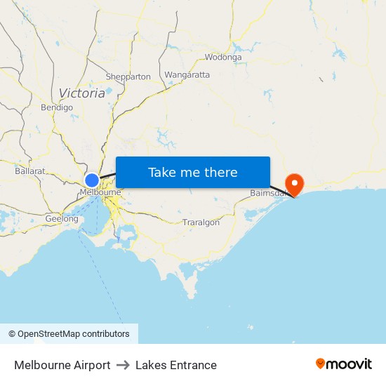 Melbourne Airport to Lakes Entrance map