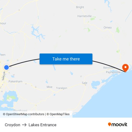 Croydon to Lakes Entrance map