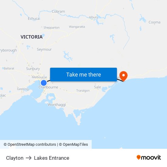 Clayton to Lakes Entrance map