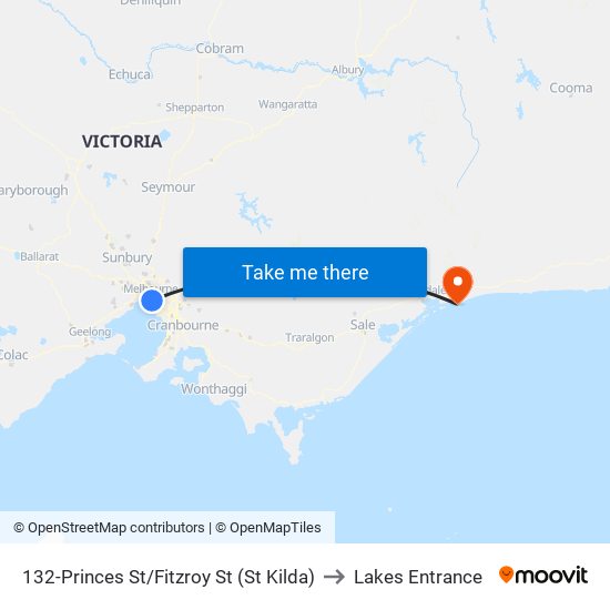 132-Princes St/Fitzroy St (St Kilda) to Lakes Entrance map