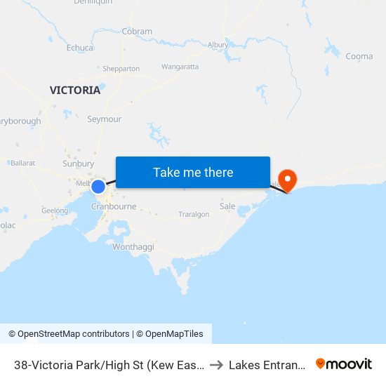 38-Victoria Park/High St (Kew East) to Lakes Entrance map