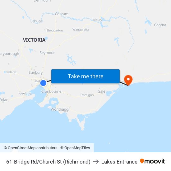 61-Bridge Rd/Church St (Richmond) to Lakes Entrance map