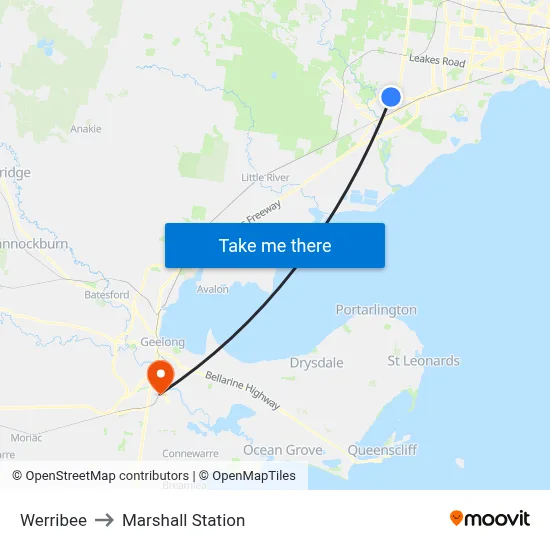 Werribee to Marshall Station map