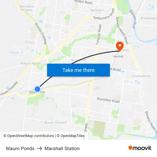 Waurn Ponds to Marshall Station map
