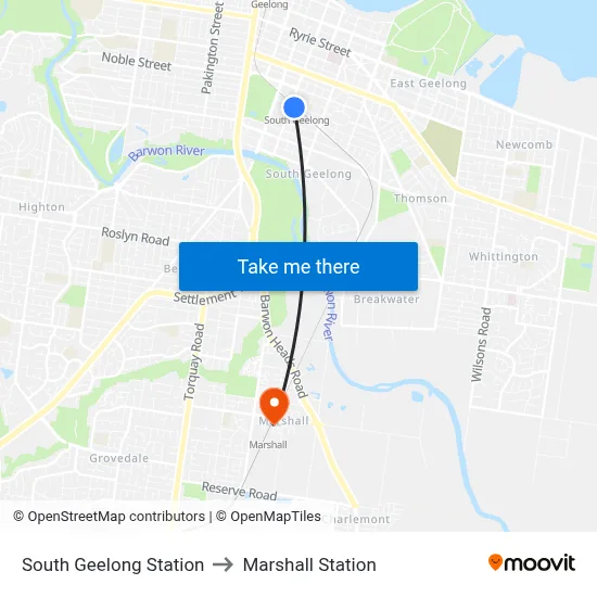 South Geelong Station to Marshall Station map