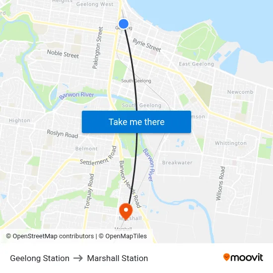 Geelong Station to Marshall Station map