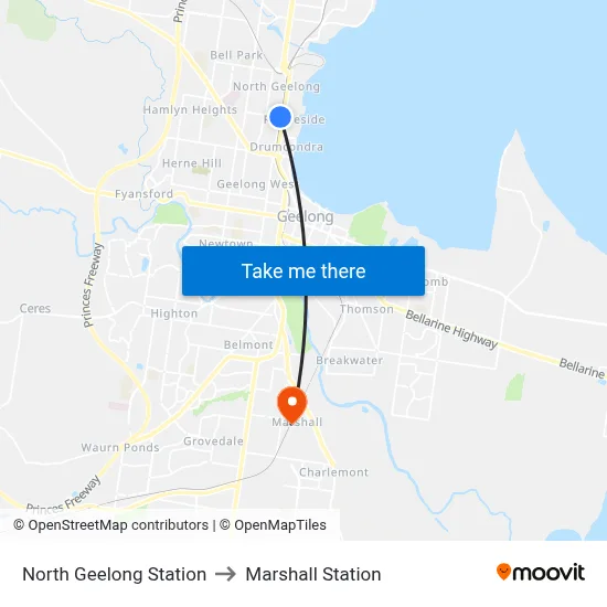 North Geelong Station to Marshall Station map