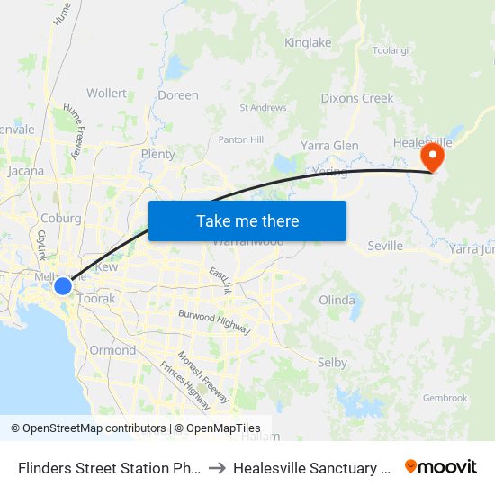 Flinders Street Station Pharmacy to Healesville Sanctuary Parking map