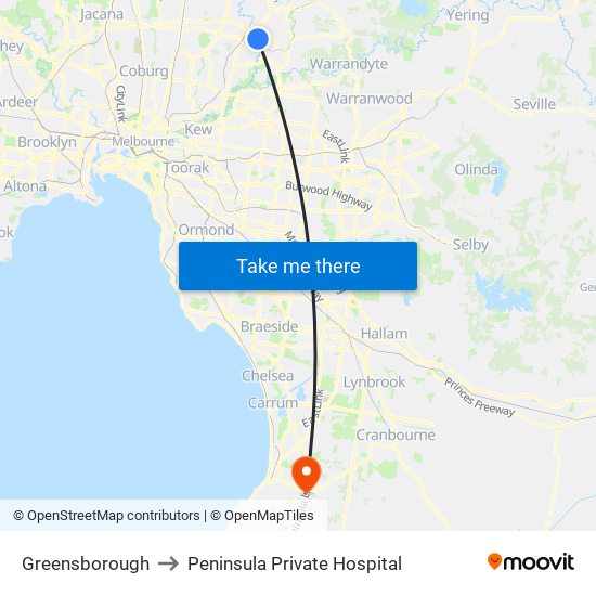 Greensborough to Peninsula Private Hospital map