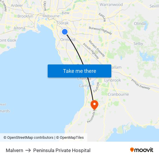 Malvern to Peninsula Private Hospital map