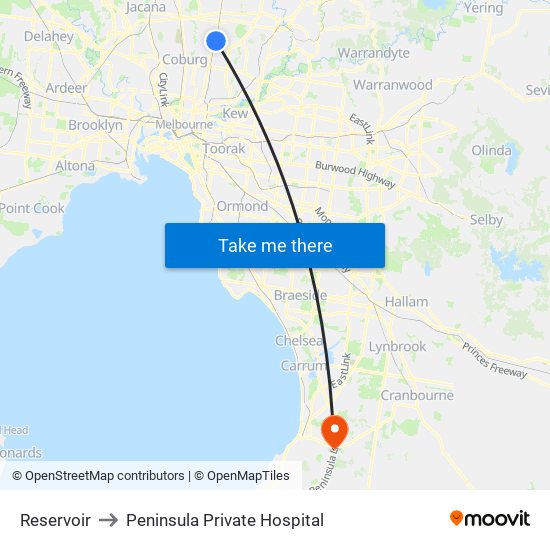 Reservoir to Peninsula Private Hospital map