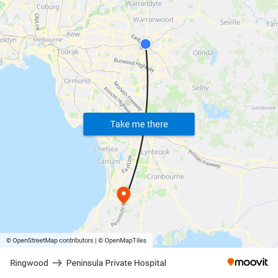 Ringwood to Peninsula Private Hospital map