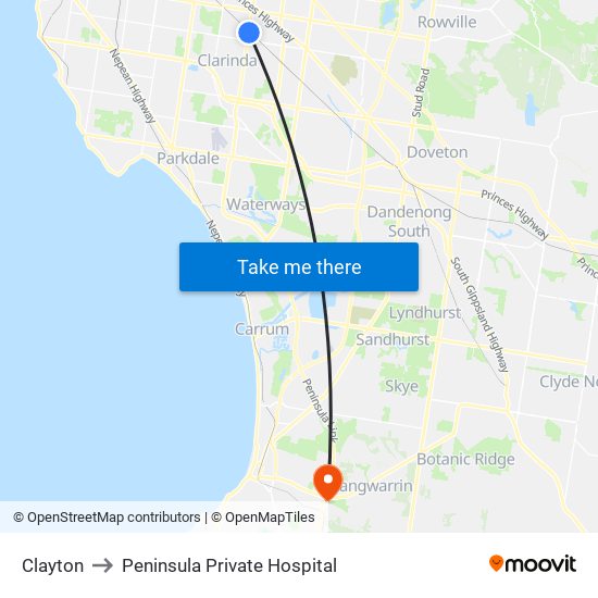 Clayton to Peninsula Private Hospital map