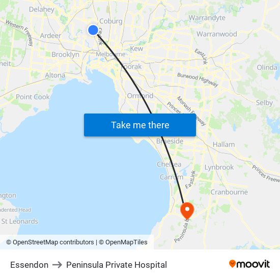 Essendon to Peninsula Private Hospital map