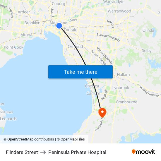 Flinders Street to Peninsula Private Hospital map