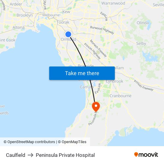 Caulfield to Peninsula Private Hospital map
