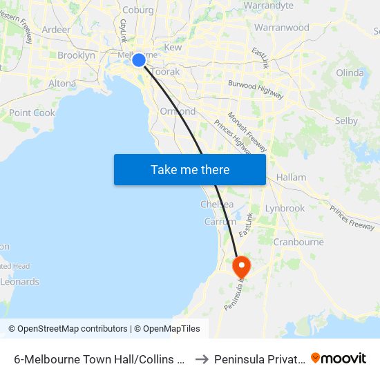 6-Melbourne Town Hall/Collins St (Melbourne City) to Peninsula Private Hospital map