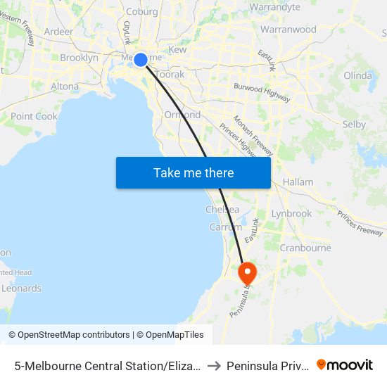 5-Melbourne Central Station/Elizabeth St (Melbourne City) to Peninsula Private Hospital map