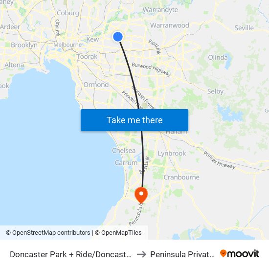 Doncaster Park + Ride/Doncaster Rd (Doncaster) to Peninsula Private Hospital map