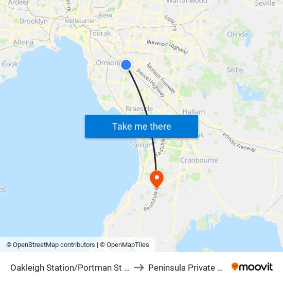 Oakleigh Station/Portman St (Oakleigh) to Peninsula Private Hospital map