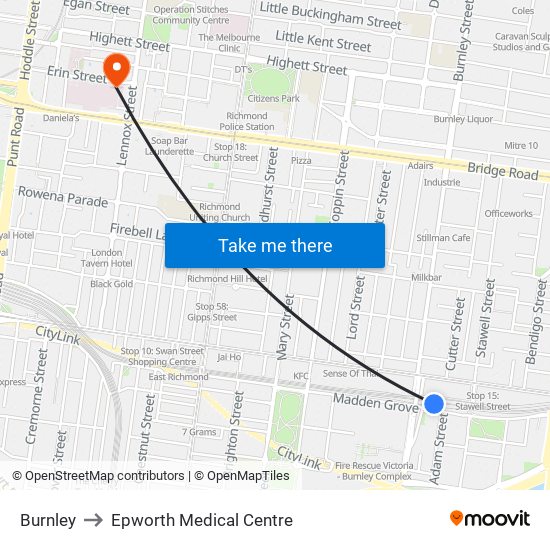 Burnley to Epworth Medical Centre map