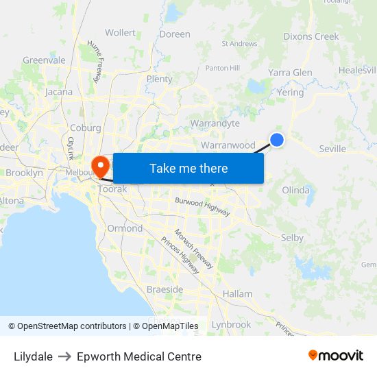 Lilydale to Epworth Medical Centre map