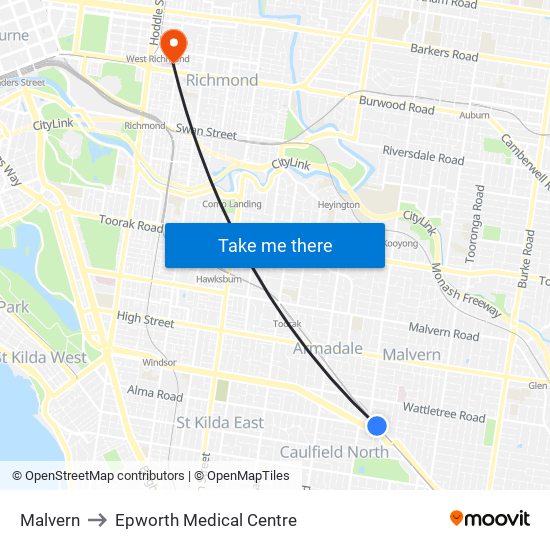 Malvern to Epworth Medical Centre map