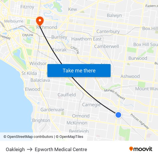 Oakleigh to Epworth Medical Centre map