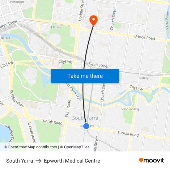 South Yarra to Epworth Medical Centre map