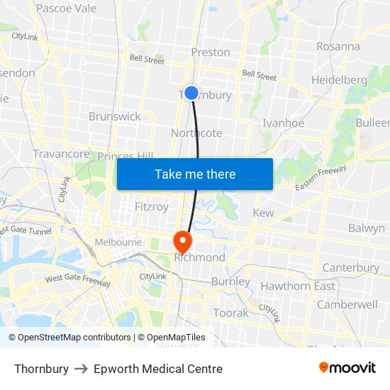 Thornbury to Epworth Medical Centre map