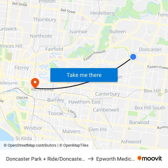 Doncaster Park + Ride/Doncaster Rd (Doncaster) to Epworth Medical Centre map