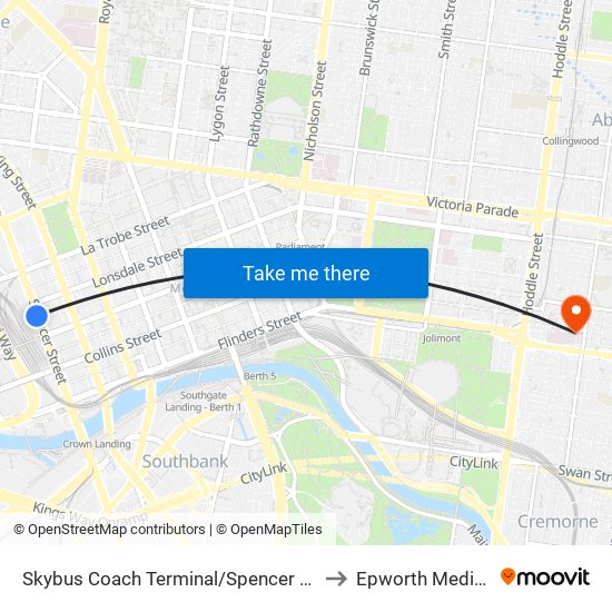 Skybus Coach Terminal/Spencer St (Melbourne City) to Epworth Medical Centre map