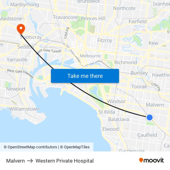 Malvern to Western Private Hospital map