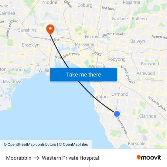Moorabbin to Western Private Hospital map