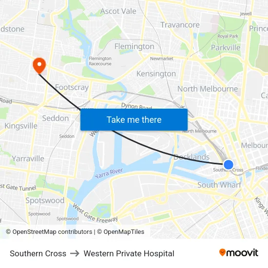 Southern Cross to Western Private Hospital map