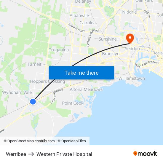 Werribee to Western Private Hospital map