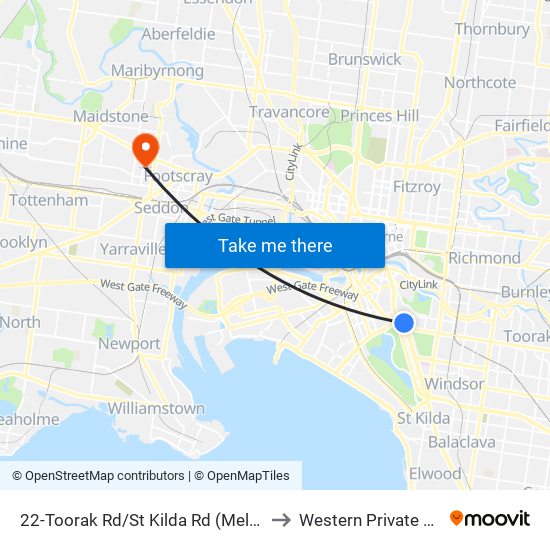 22-Toorak Rd/St Kilda Rd (Melbourne City) to Western Private Hospital map