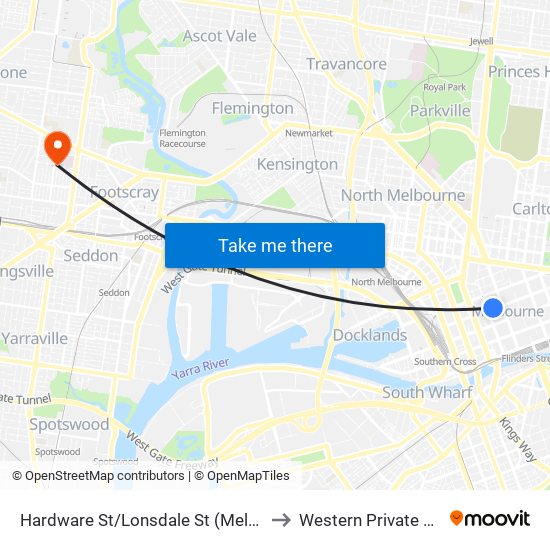 Hardware St/Lonsdale St (Melbourne City) to Western Private Hospital map