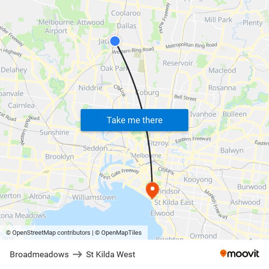 Broadmeadows to St Kilda West map